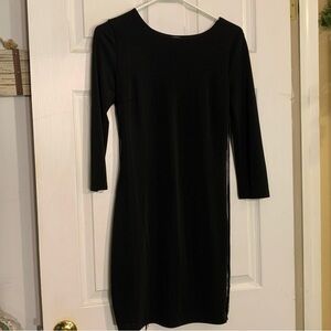 AQUA Women's Black Dress Cocktail Open Back W/Fringe 3/4 Sleeve Elegant M Midi